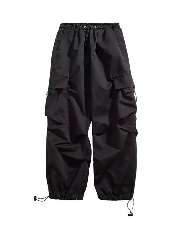 Black cargo pants with large utility pockets, streetwear style, elastic waist, adjustable cuffs, men's fashion.