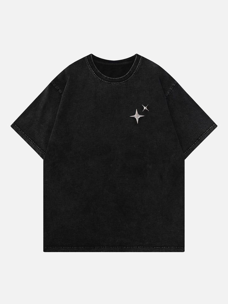 Modern black T-shirt logo with silver star prints, minimalist urban streetwear branding.