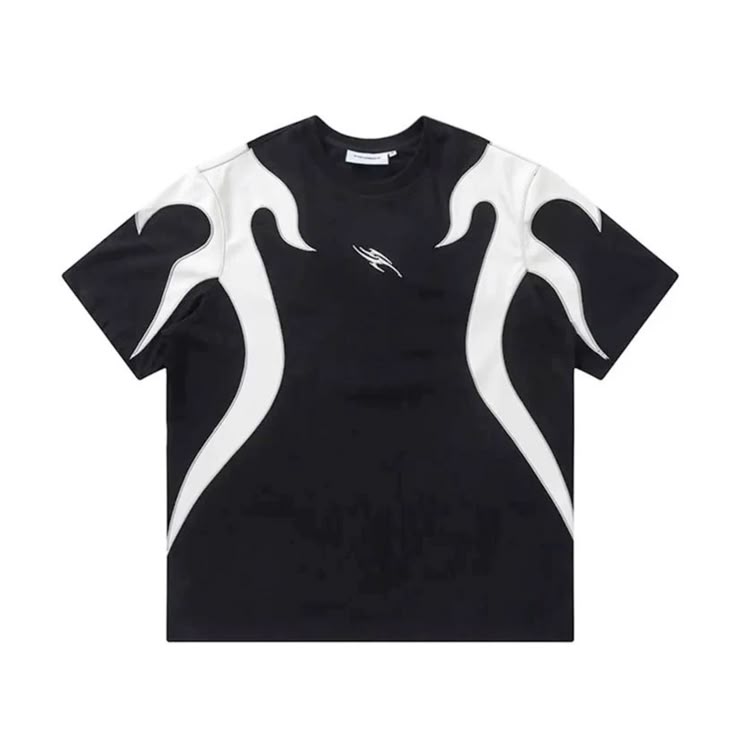 Modern black T-shirt logo with bold white flame patterns, urban streetwear branding.